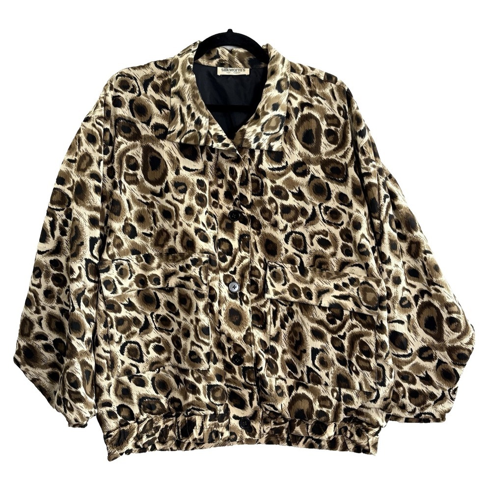 Vtg SILKWORMS Women Leopard Print Lightweight‎ Bomber Jacket Sz XL Tan Black
